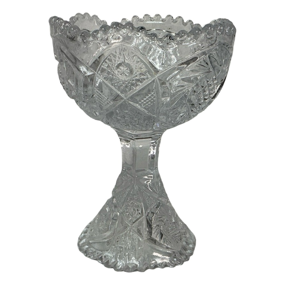 Vintage Clear Cut Glass Compote Candy Dish Scalloped Edge Pedestal Bowl 6.25in